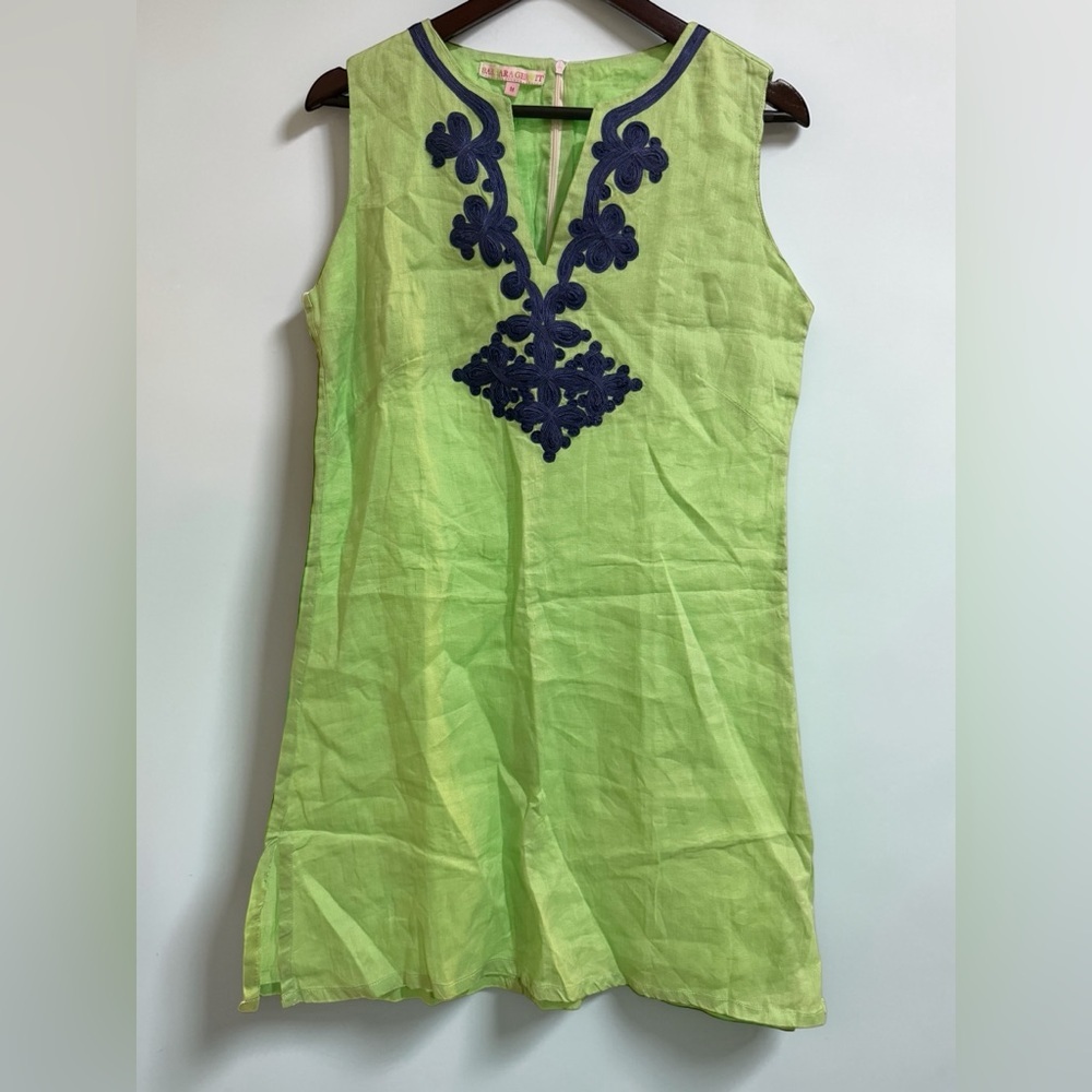 Sleeveless Lime Green Midi Dress with Navy Floral Appliqué - Unbranded